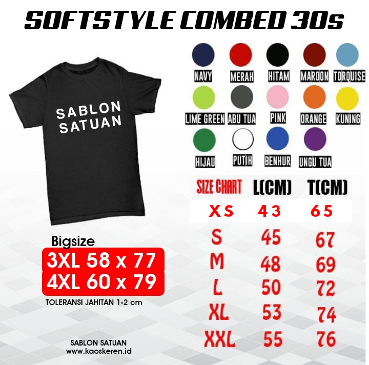 Ukuran Kaos Cotton combed 30s - Sablon Satuan Kota Bogor
